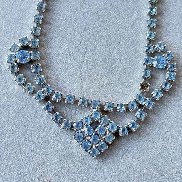 1950's Blue Rhinestone Mid Century Vintage Choker Necklace, Prom Formal Jewelry - Picture 1 of 12